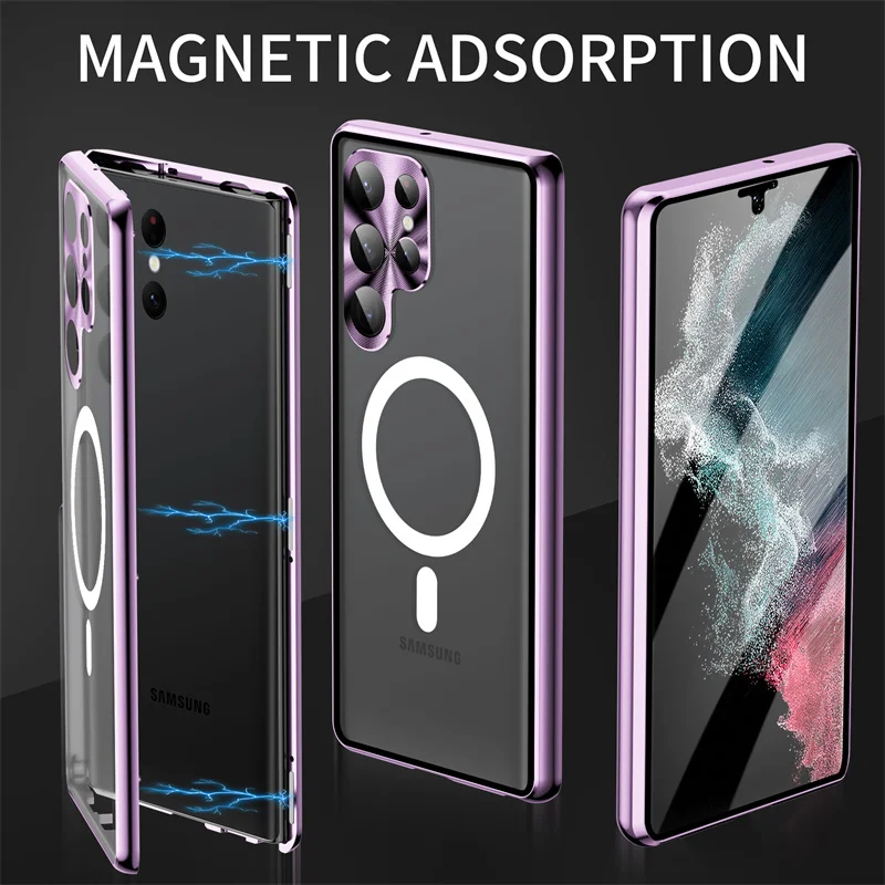 For Samsung Galaxy S23 S21 S22 Ultra Magnetic Magsafe Case 360 Full Screen Glass Metal Aluminum Alloy Frosted Protection Cover