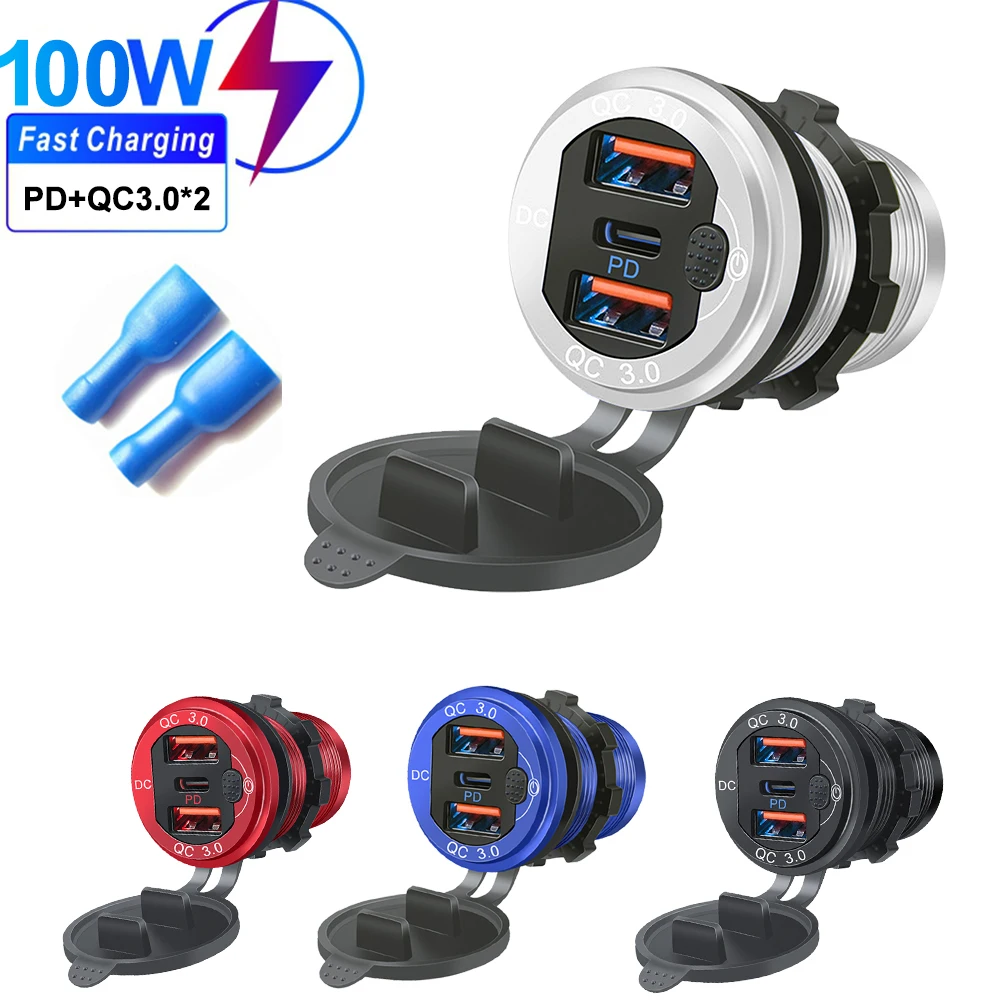 

Quick Charge 3.0 Dual USB PD Car phone Charger Fast Charge Socket Aluminum with Switch Button for 12V 24V Car Boat Marine