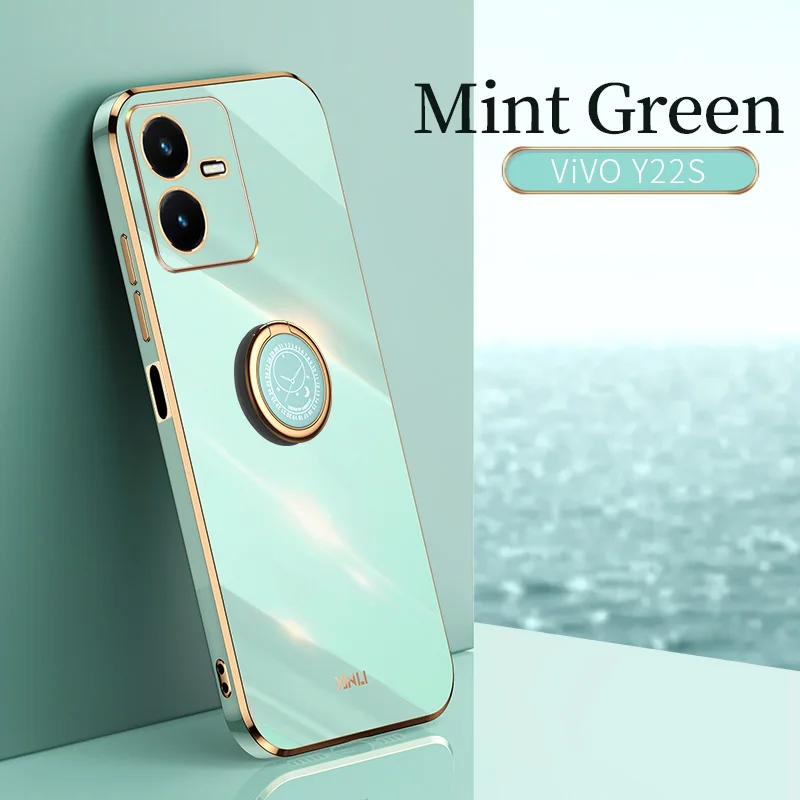 

Luxury Plating Square Ring Holder Silicone Phone Case On For Vivo Y22s Y22 22s Phone Case Stand Back Cover