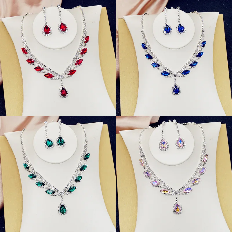

New European and American Bridal Necklace Set High-end All-match Crystal Color Collarbone Chain Earrings Two-piece Set
