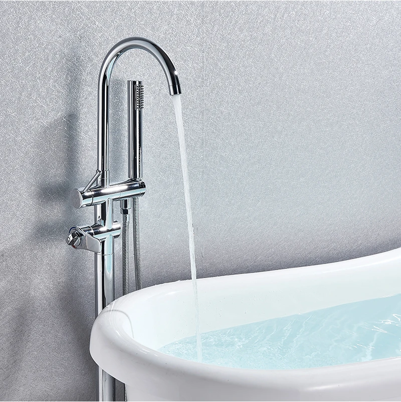 

Chrome Thermostatic Bathtub Faucet Freestanding Bath Shower Set Rotate Spout Floor Mounted Tub Mixer Tap Plastic Handshower