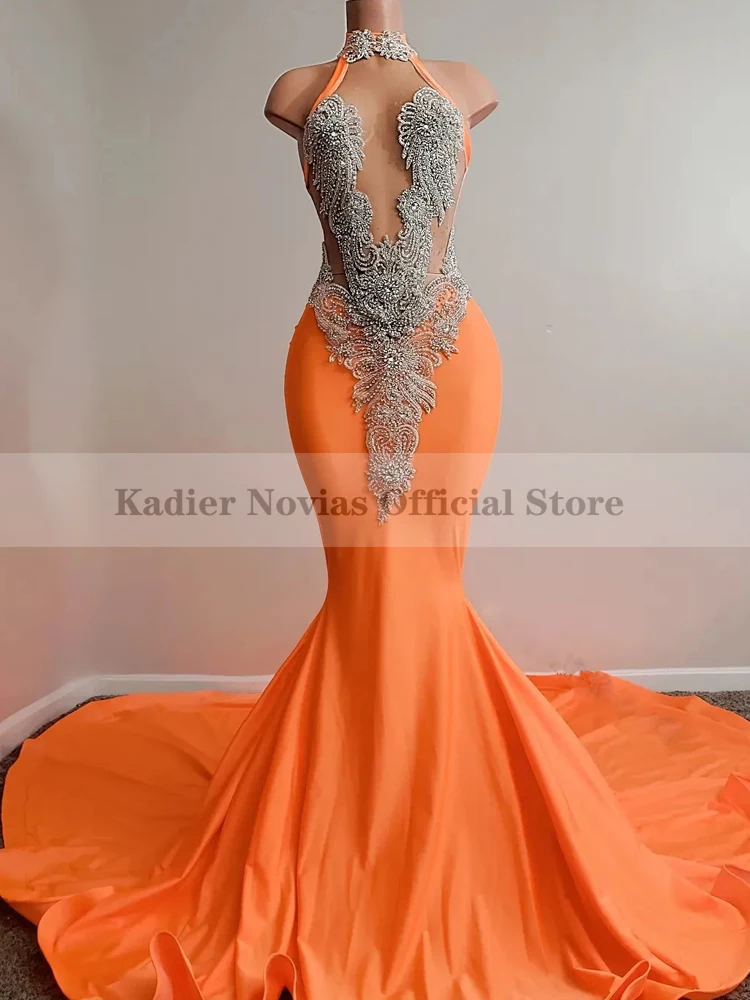 

Long Mermaid Orange Celebrity Prom Dresses 2022 for Black Girl Halter Neck Sequin Lace Evening Cocktail Dress Vestido De Fiesta