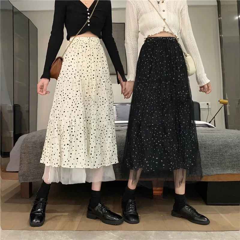 

Women Skirts A-line High Waist Fashion Lace Polka-dot Pleated Stitching Mesh Skirts All-match Korean Style Elastic MidiSkirt