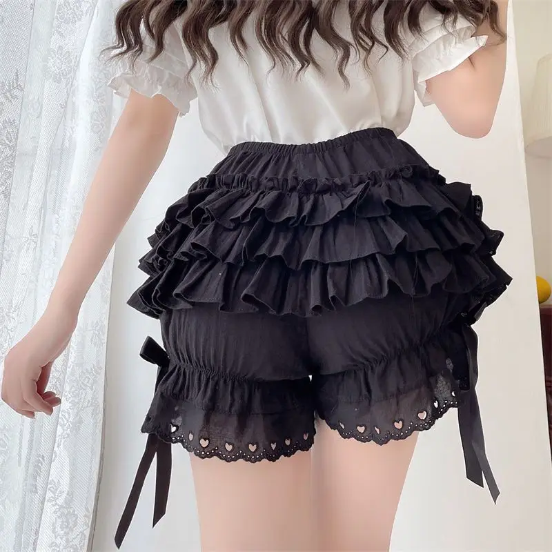 Women Black White Ruffle Shorts Kawaii Lace Bowknot Lolita Pumpkin Panties Cute Safety Shorts Pants Vintage Victorian Bloomers