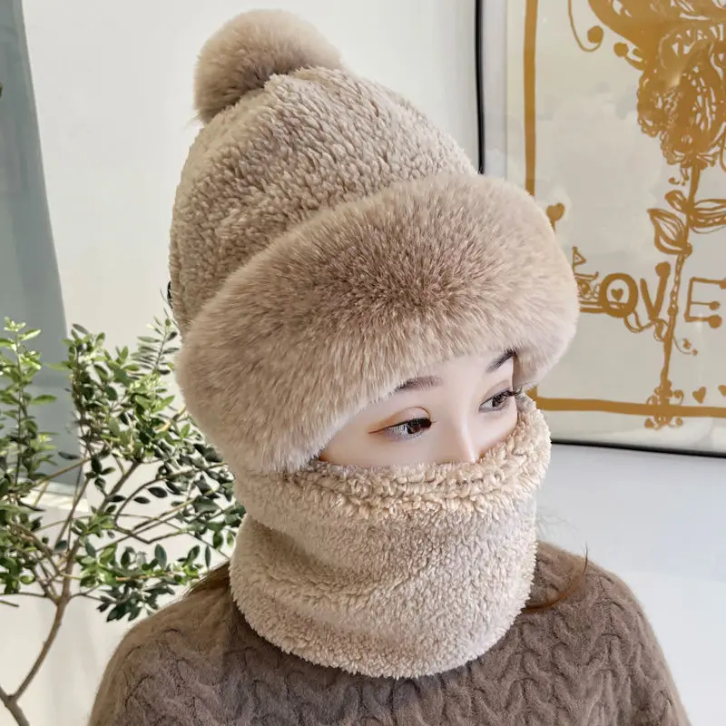 

Women Winter Warm Pure Color Faux Fur Women Caps Plush Hat Scarf Mask Set Beanies Caps