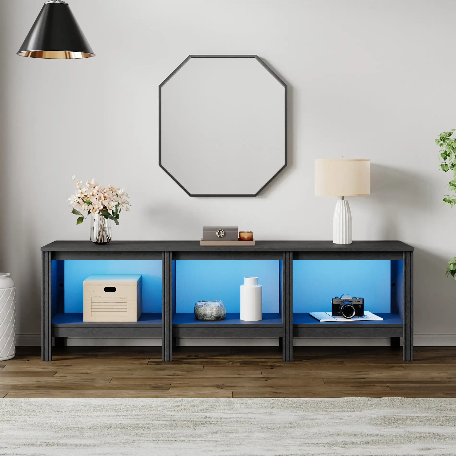 

LED TV Stand for 75 inch TV, Entertainment Center with 3 Storage Cabinets for Living Room Bedroom, Black 70 inch