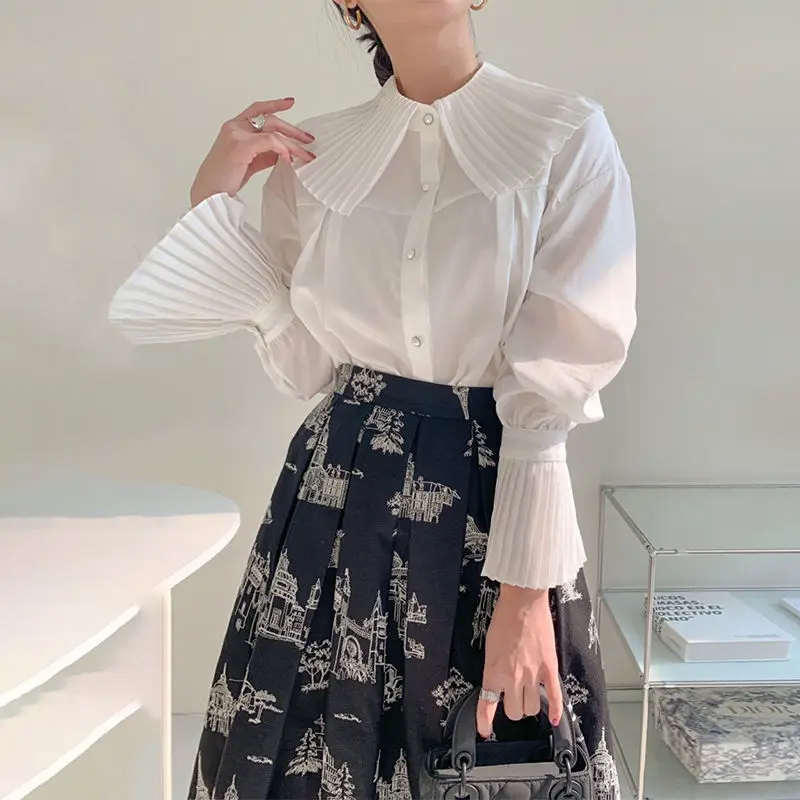 

Korean Chic Pleated Large Lapel Single-breasted Long Flared Sleeve Shirt Women New Fashion White Blouse Tops Mujer H174