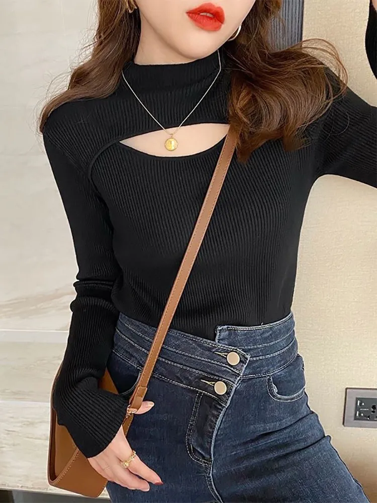 2024 вязаный женский свитер с высоким воротником пуловеры в рубчик осень-зима