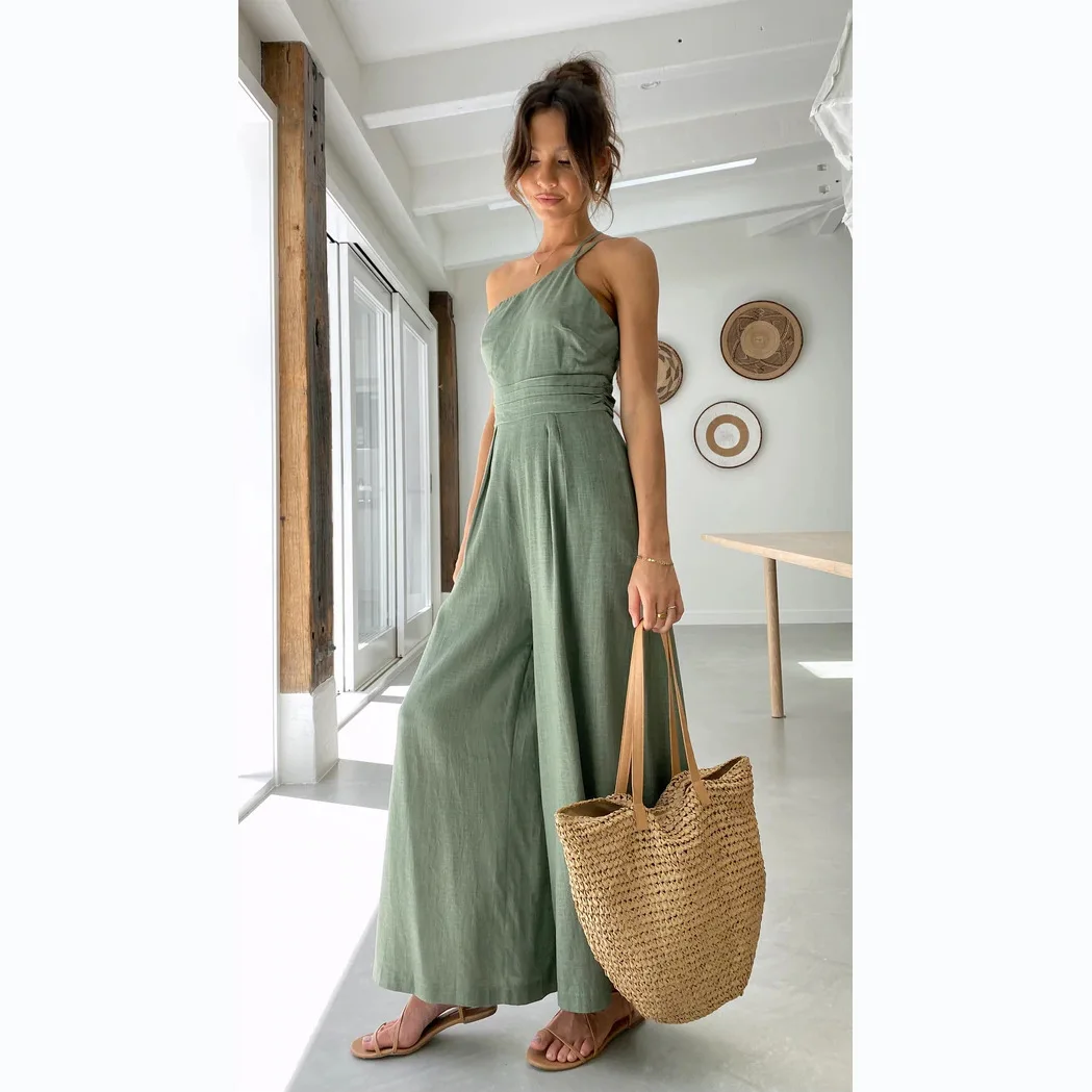 2023 Spring Summer Romper New Women's Jumpsuit Solid Color Loose Wide Leg Cotton Linen Single Shoulder Strap Ladies Clothing