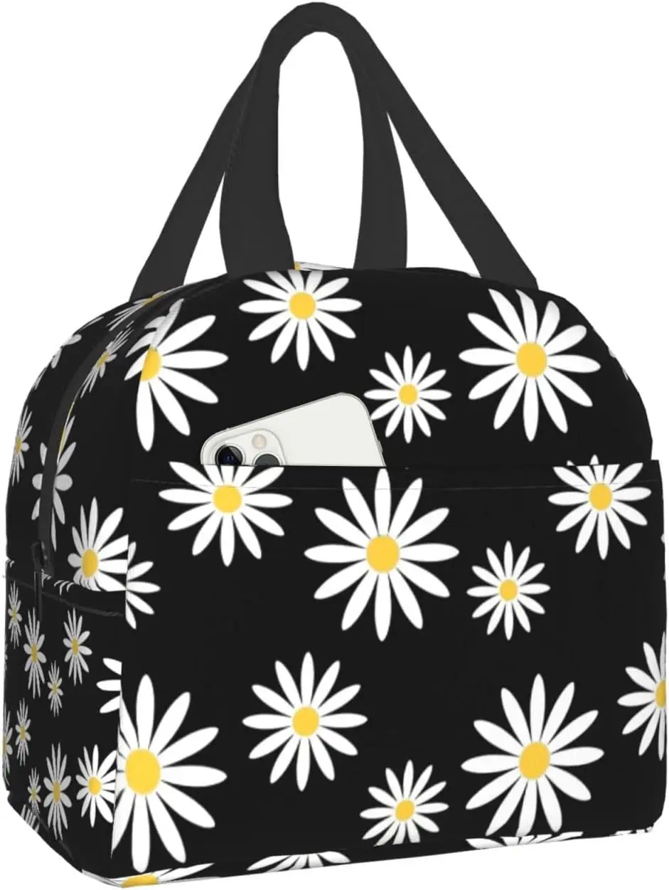 

Черный Ланч-бокс с рисунком маргаритки, маленькие изолированные Ланч-боксы с передним карманом, милые Ланч-боксы для девочек и мальчиков, Ланч-бокс с рисунком бенто