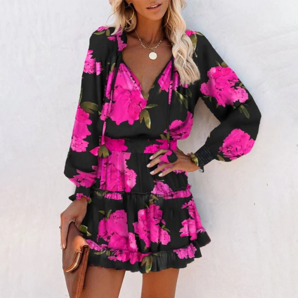 

Women Summer Flower Print Rose Red Sexy V-Neck Long Sleeve Chiffon Bohemian Casual Elegant Party Vestidos Dress
