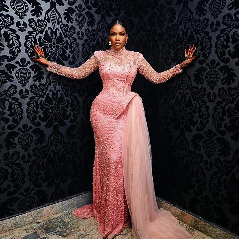 

Glitter African Women Evening Dress With High Neck Side Traiu Sequined Mermaid Prom Dress For Black Girls Birthday Vestidos