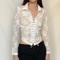 lace floral print bandage blouse short cross bandage elegant and beautiful slim retro t shirt cute white fashion vintage t shirt
