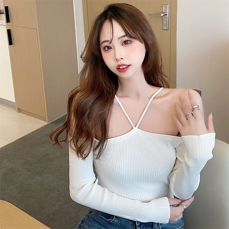 

2022 Sweater Mujer Sexy Off Shoulder Slim Knitted Sweaters Long Sleeve Pull Femme Autumn Vintage Chandails White Black Top Women