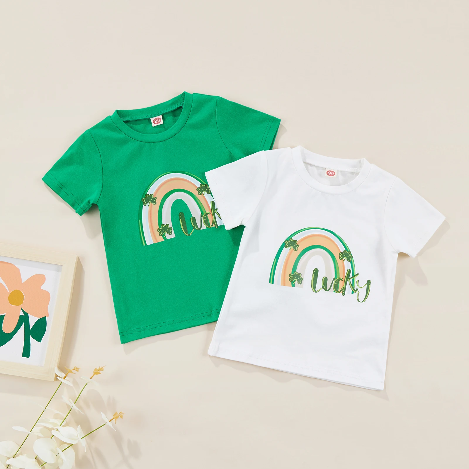 

St. Patrick's Day Unisex Kids Cotton T-Shirts Clover Rainbow Print O-Neck Short Sleeve Pullover Tops Baby Girls Boys 2-7 Years