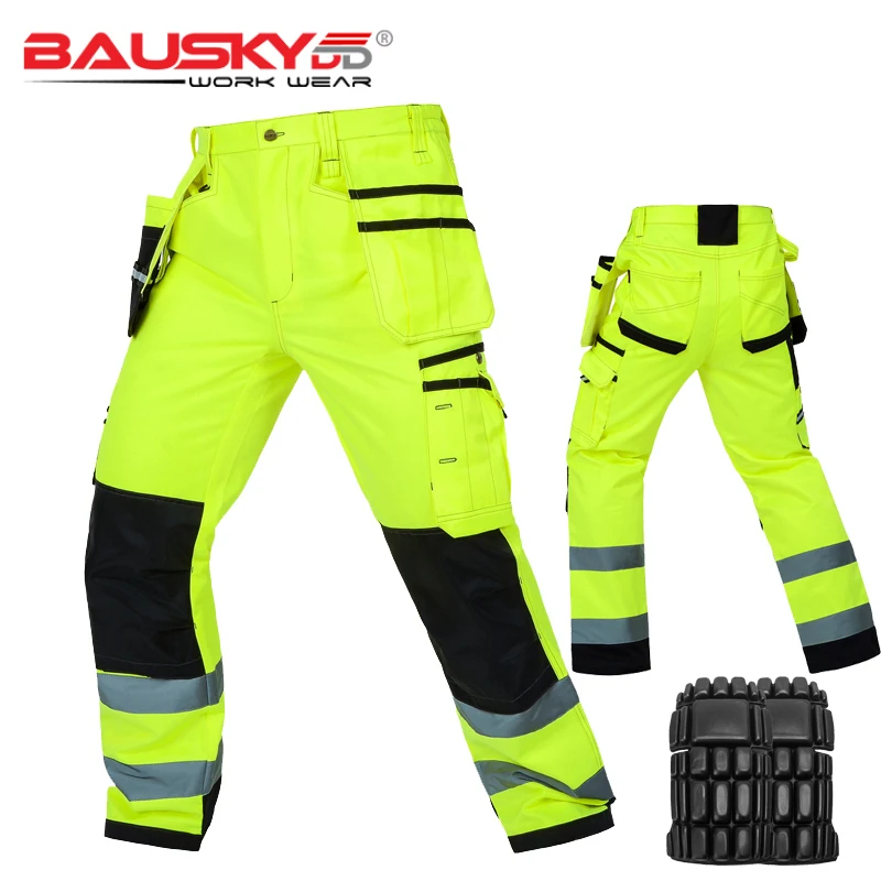 Bauskydd High Visibility Mens Multi-pocket Fluorescent Yellow Safety Reflective Cargo Work Trousers Working Pants