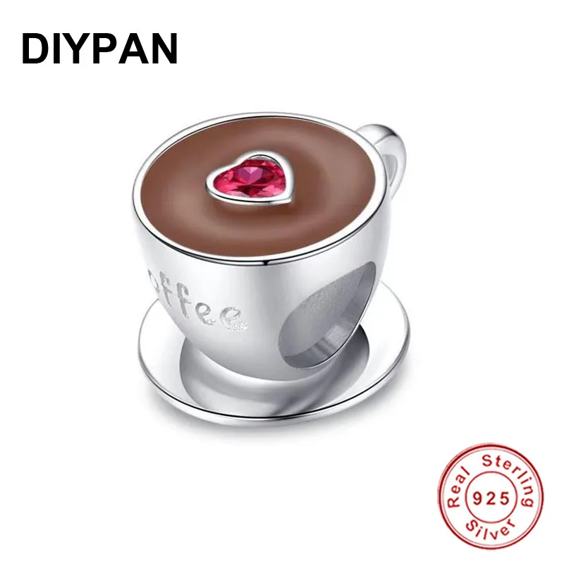 Fit  Original Bracelet Charm Pendant 925 Silver Coffee Cup Charm With Red Heart Zircon Beads DIY Jewelry Berloque