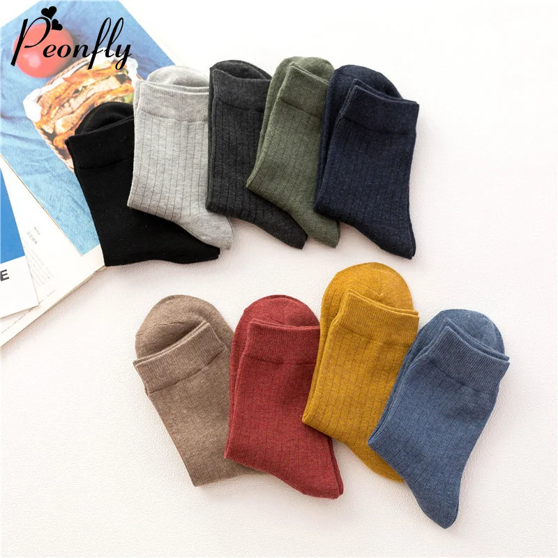 

Peonfly Business Men's Casual Cotton Autumn Winter Solid Colors Crew Harajuku Striped Male Breathable Socks