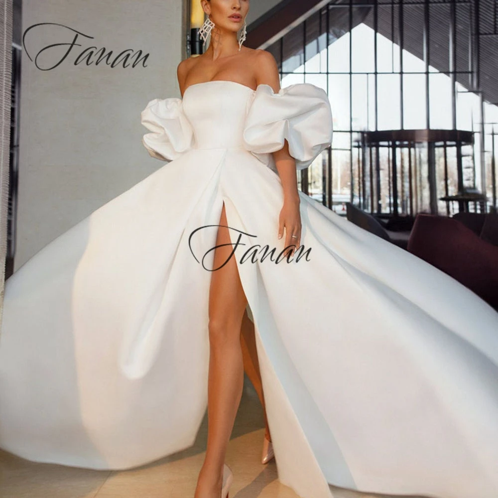 

Elegant Short Puffy Sleeve Wedding Dresses Sweep Train High Slit Off The Shoulder Bride Dress Satin Backless Wedding Gowns Plus