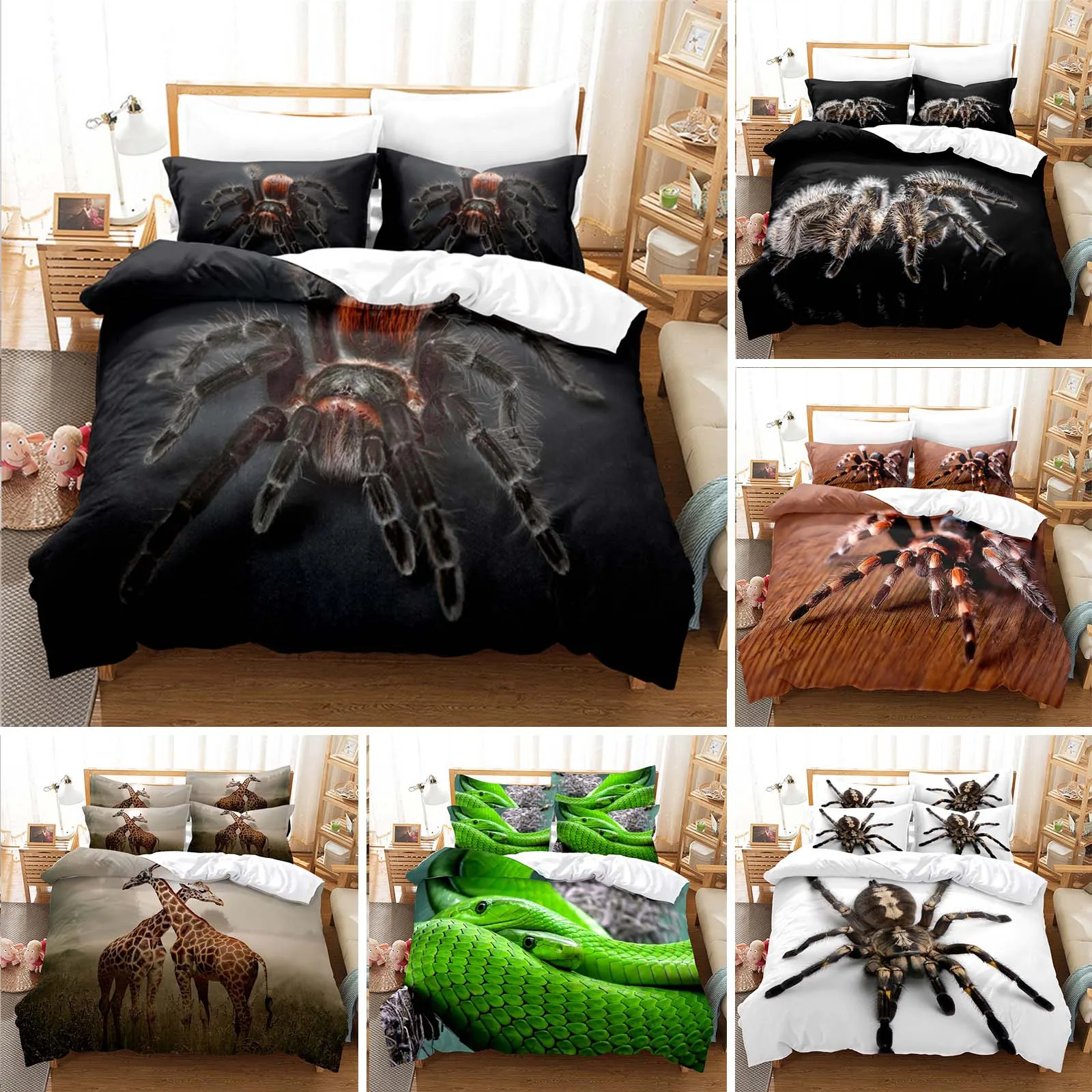 

Комплект постельного белья из микрофибры с 3D-принтом пауков и животных