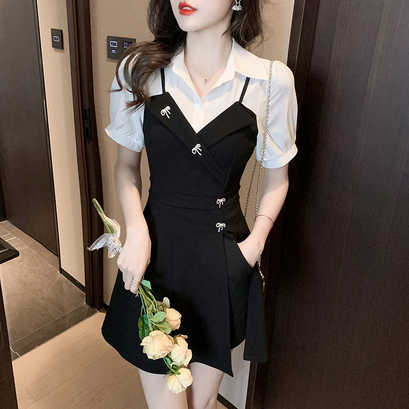 

Real Shot 2022 Summer New Stitching Shirt Lapel Fashion Brooch Slim Two-Piece Set White and Black Patchwork Suit