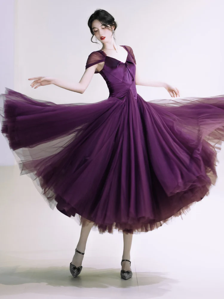 New French Style Women Purple Prom Dress V Neck Satin Gorgeous Ball Gown Mesh Dresses Elegant Princess Party Wedding Midi Length