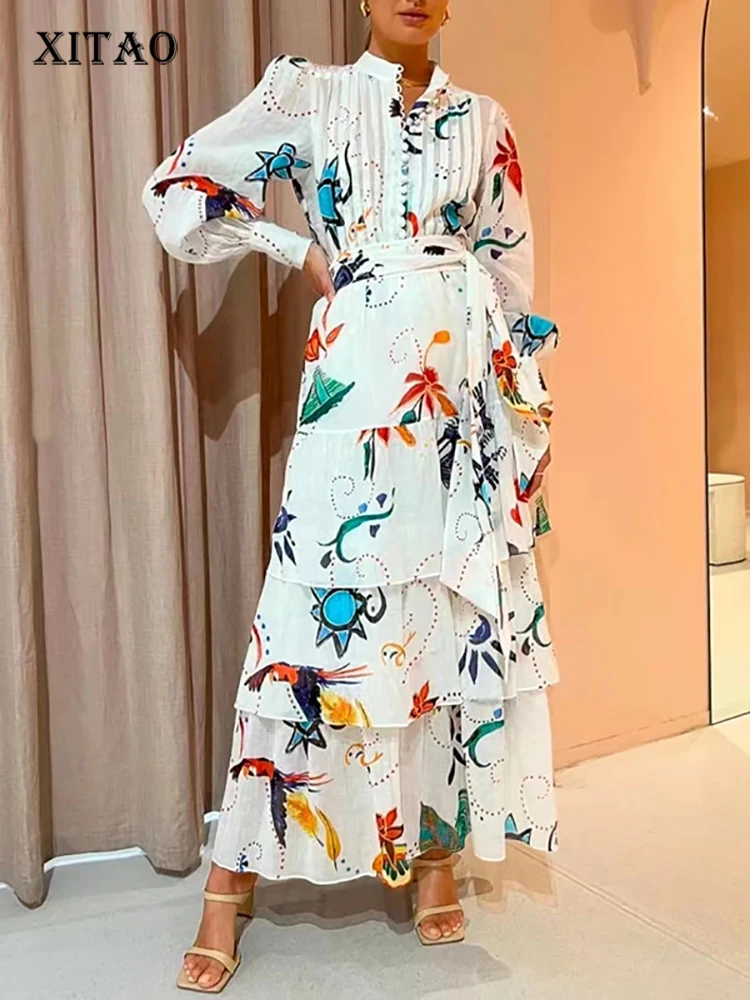 

XITAO Print Stand Collar Single Breasted Bandage Dress Sets 2022 Autumn New Casual Fashion Temperament All Match WLD13030