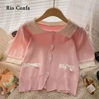 rin confa turndown collar single breasted cardigan top women korean version contrast color t shirt short sleeves knitiing top