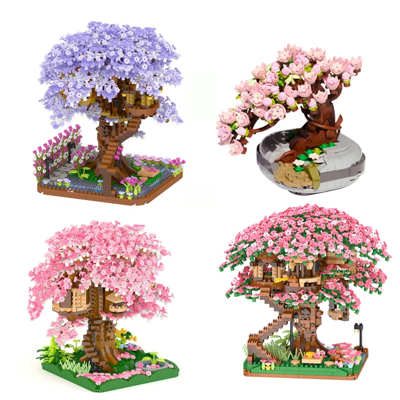 New Plants Pot Blocks Bricks City Mini Sakura Succulents Cherry Blossom House Tree Building Blocks Model Toys for Children Gifts