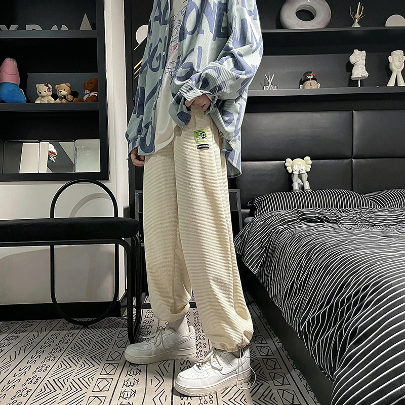 Waffle Sweatpants Mens New Loose Straight Pants Elastic Waist Casual Spring Autumn 2022 Jogging Trousers