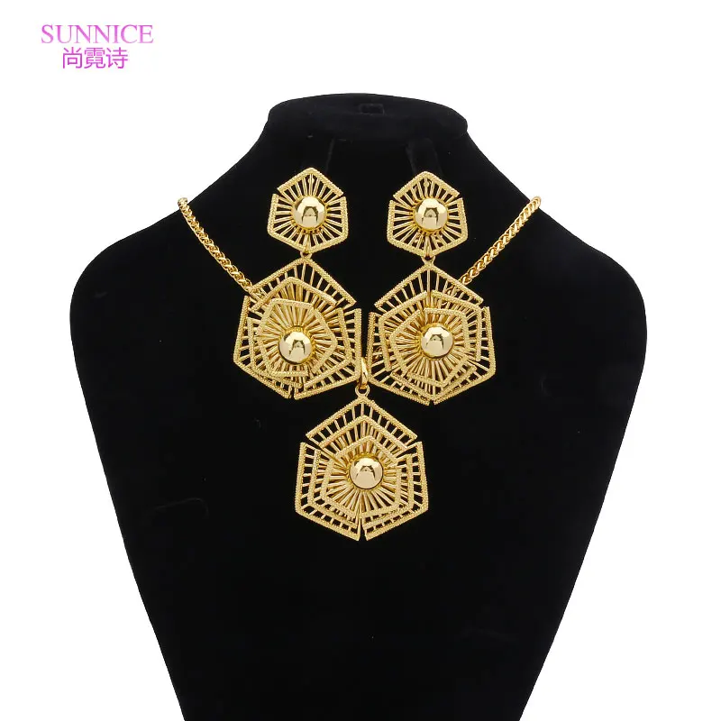 

Подвеска SUNNICE с шестигранными цветами, ожерелье и серьги, роскошные покрытые 18-каратным золотом ювелирные изделия из Дубая, модные африканские серьги
