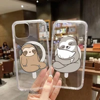 cute sloth cartoon phone case transparent magsafe magnetic magnet for iphone 13 12 11 pro max mini wireless charging