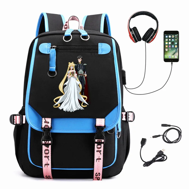 

Anime Cartoon Nylon USB Backpack Teenager Print Schoolbag Student Zipper Travel High Quality Knapsack Unisex Casual Laptop Bag