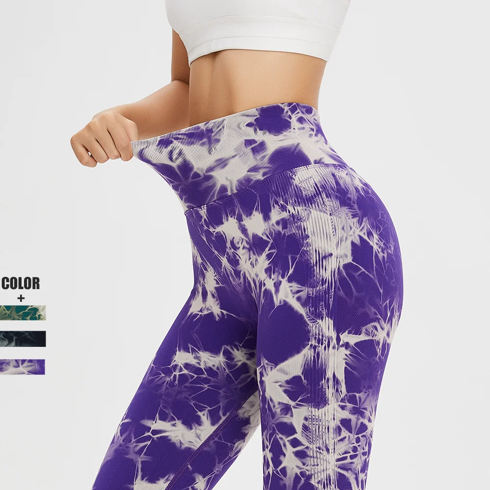 

Leggings de sport sans couture pour femmes, teinture par nouage, pêche, pantalon de Fitness, taille haute, serré, de Yoga,