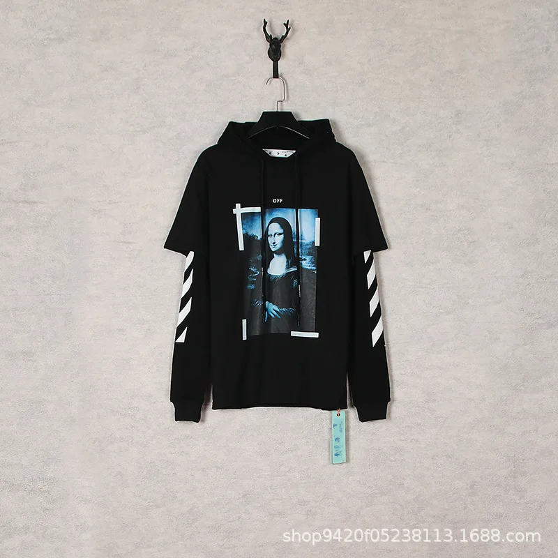 

2024 fashion fall and winter new high quality OFF Mona Lisa portrait fake two piece hooded sweatshirt OFF WHITE 1:1