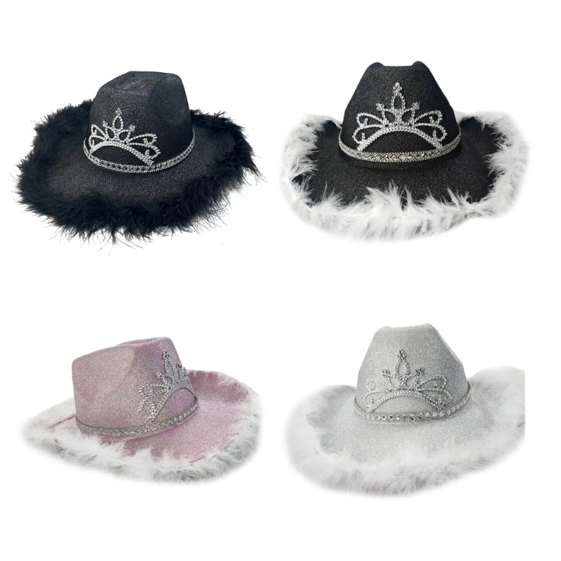 

Western Felt Cowboy Hat with Feather Brim Cowgirl Curved Brim Party Accessory 066F