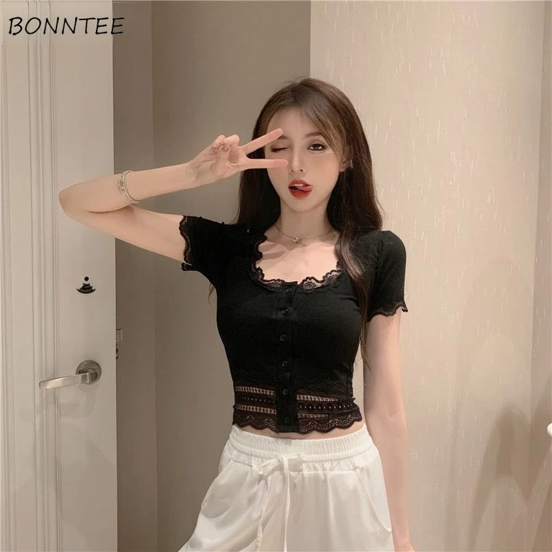 

T-shirts Women Lace Cropped Summer Sexy Slim All-match Solid Design Square Collar New Fashion Tunic Daily Leisure Soft College