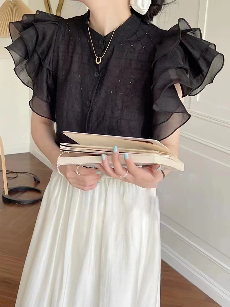 

Plain Shirt For Female Stand Collar Flying Short Sleeve Embroidery Casual Blouses Women 2022 Summer Fashion Clothing New