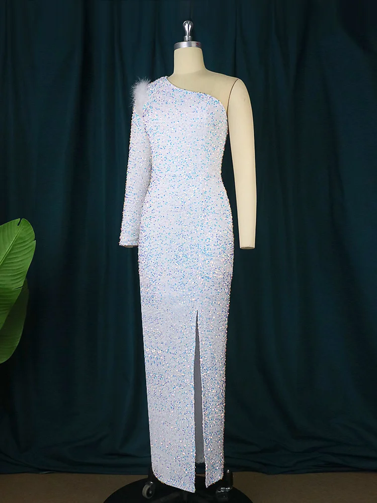 Plus Size Dresses Autumn New Diagonal Collar One Shoulder Sexy Solid Fit Elegant Sequin Dress Banquet Master Evening Party Dress