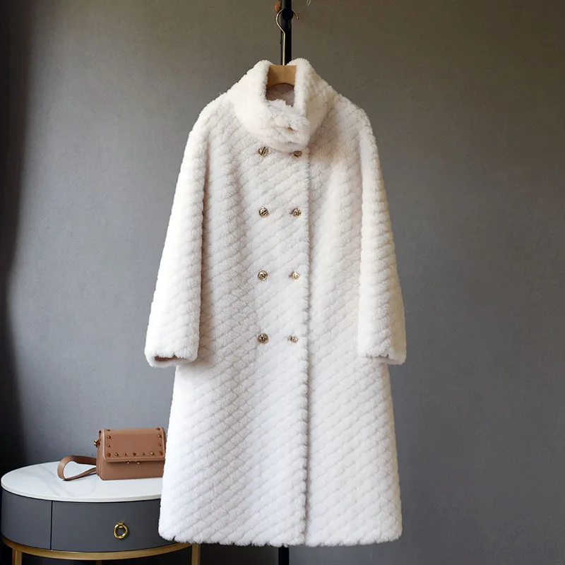 New Cloud Sheep Shearling Coat Women's Mid-length Over-the-knee Thickened Elegant Grain Fur Coat
