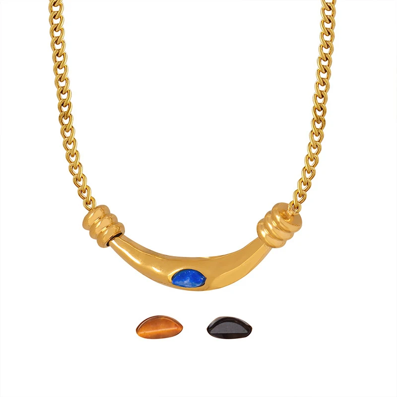 

Trendy Tiger Eye Lapis Lazuli Black Agate Stone Pendant Necklaces for Women 18K Gold Plated Waterproof Natural Stone Necklace