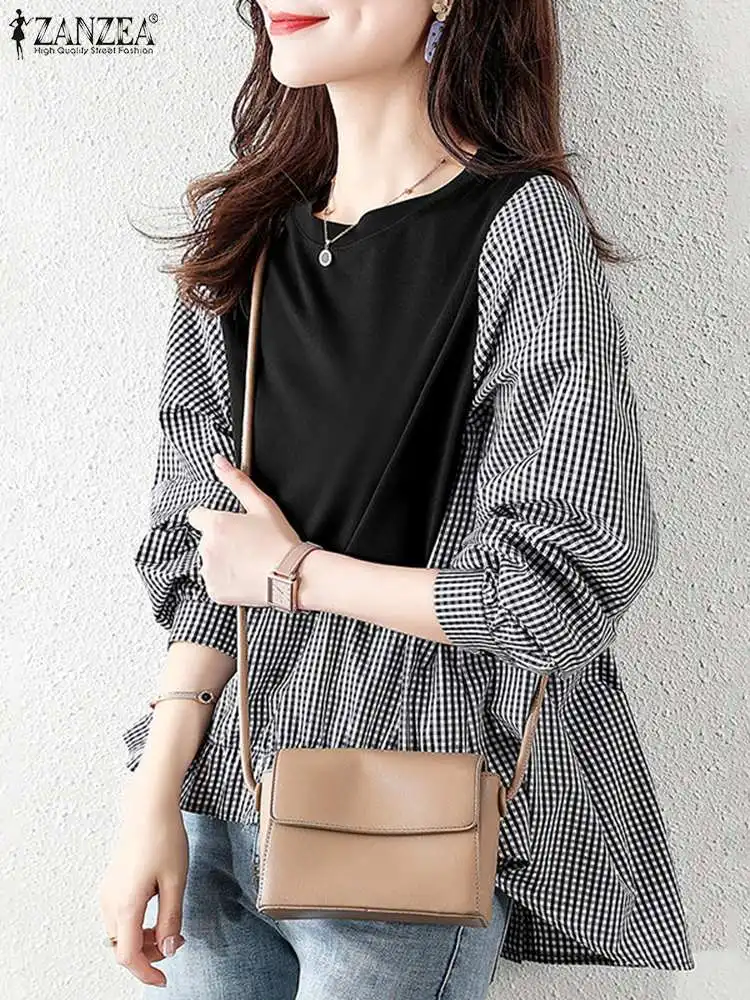 

Plaid Tunic Tops 2022 Spring Checked Printed Blouse Women Casual Long Sleeve Patchwork Shirt ZANZEA Vintage Grid Holiday Chemise