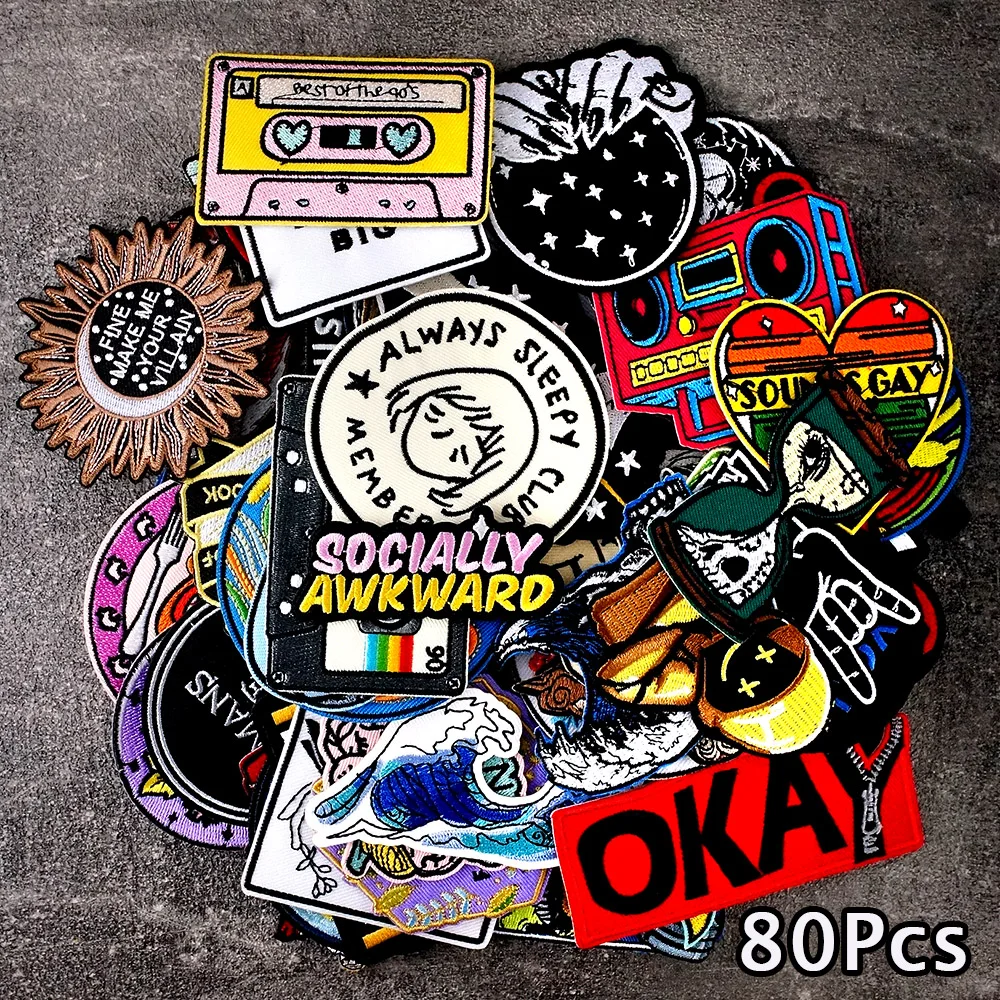 

80Pcs/Lot OKAY WAVE ROCK SKULL Butterfly Patches Embroidery Applique Ironing Clothing Sewing Supplies Decorative Badges Patch