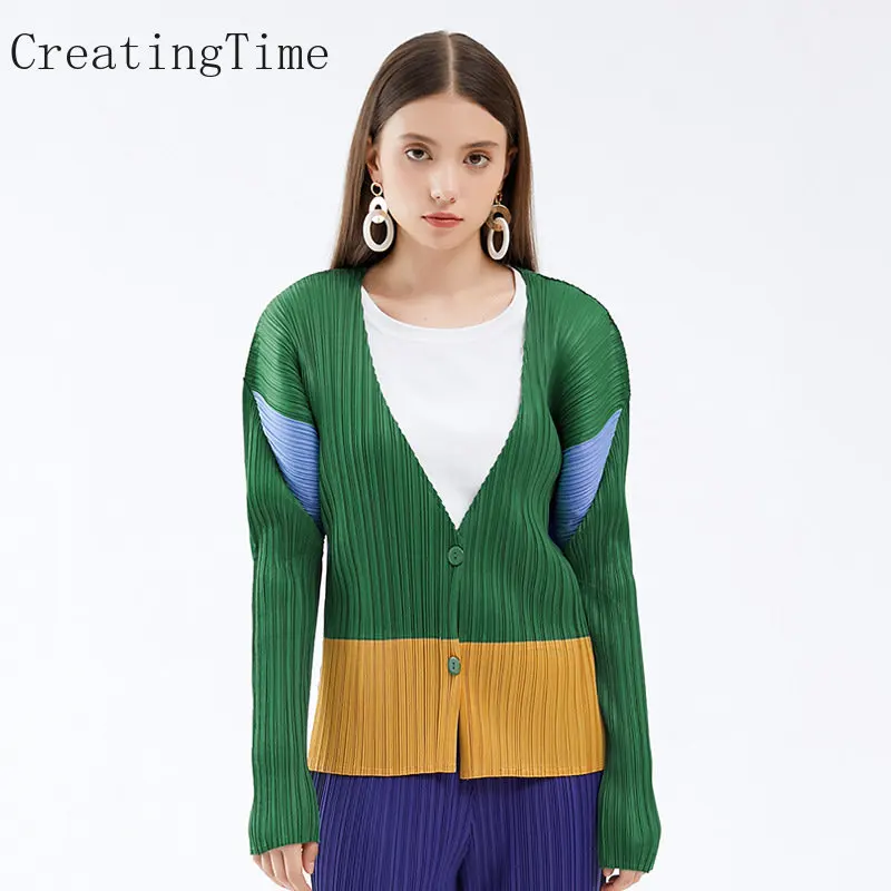 

Color Block Jacket 2023 Spring New Patchwork Cardigan Japanese Pleated V-neck Long Sleeve Loose Casual Coat Female Outwear 1A054