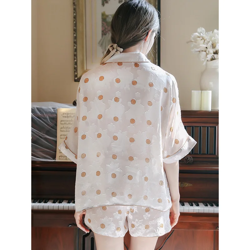 Pajamas women's short-sleeved two-piece ice silk retro jacquard tassel silk sleepwear set pajamas for women