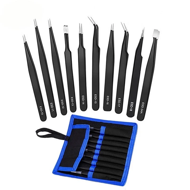 

10Pcs ESD Stainless Tweezers Tool Set High Precision Tip Curved Straight Antistatic Tweezer Nipper Repair Tool