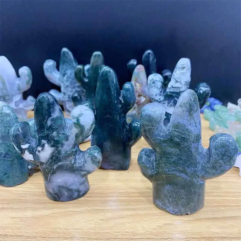 

Natural Moss Agate Cactus Carved Exquisite Gifts Small Crafts Mascot Home Ornament Room Decoration 1pcs