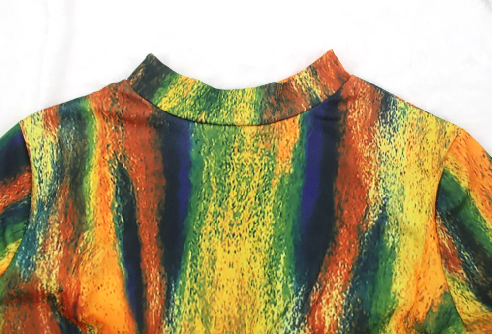 Plus Size Dresses New Fashion Sexy Women's High-necked Long-sleeved Slim Tie Dyed Printed Medium Length Slim Women's Dresses