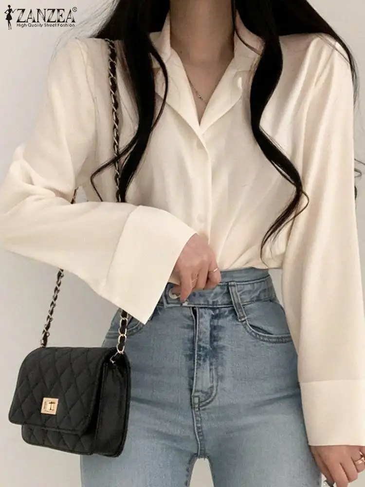 

ZANZEA Women Beige Shirt Vintage Turn Down Collar Autumn Tunics Casual Long Sleeve Blouse Causal Loose 2023 New Fashion Tops