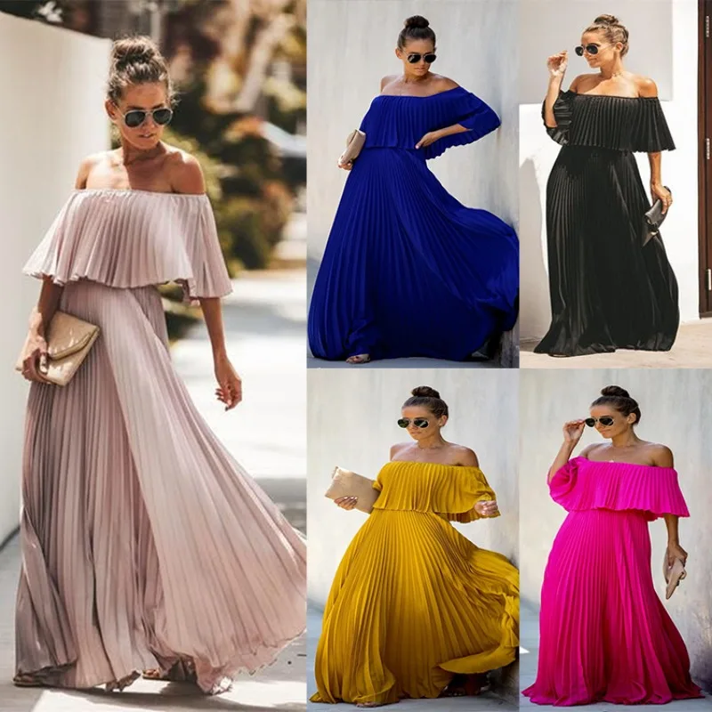 

Spring/Summer 2023 New Women's Wear European and American sexy one-neck off-the-shoulder press-fold chiffon dress dress